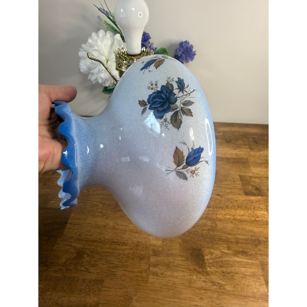 Vintage Blue Milk Glass Table Lamp Hand Painted Floral Hurricane Shade 3 Way - Picture 9 of 15